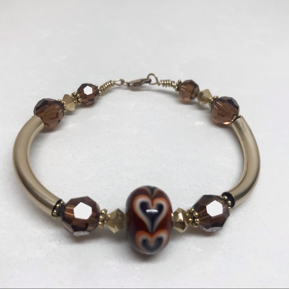 🆕 Handmade bracelet - brown, gold with heart 3" - Picture 2 of 6